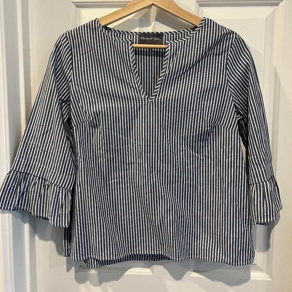 MICHAEL STARS Stripe Top Ruffle Bell Sleeve Blue White Top XS [NEVER WORN]